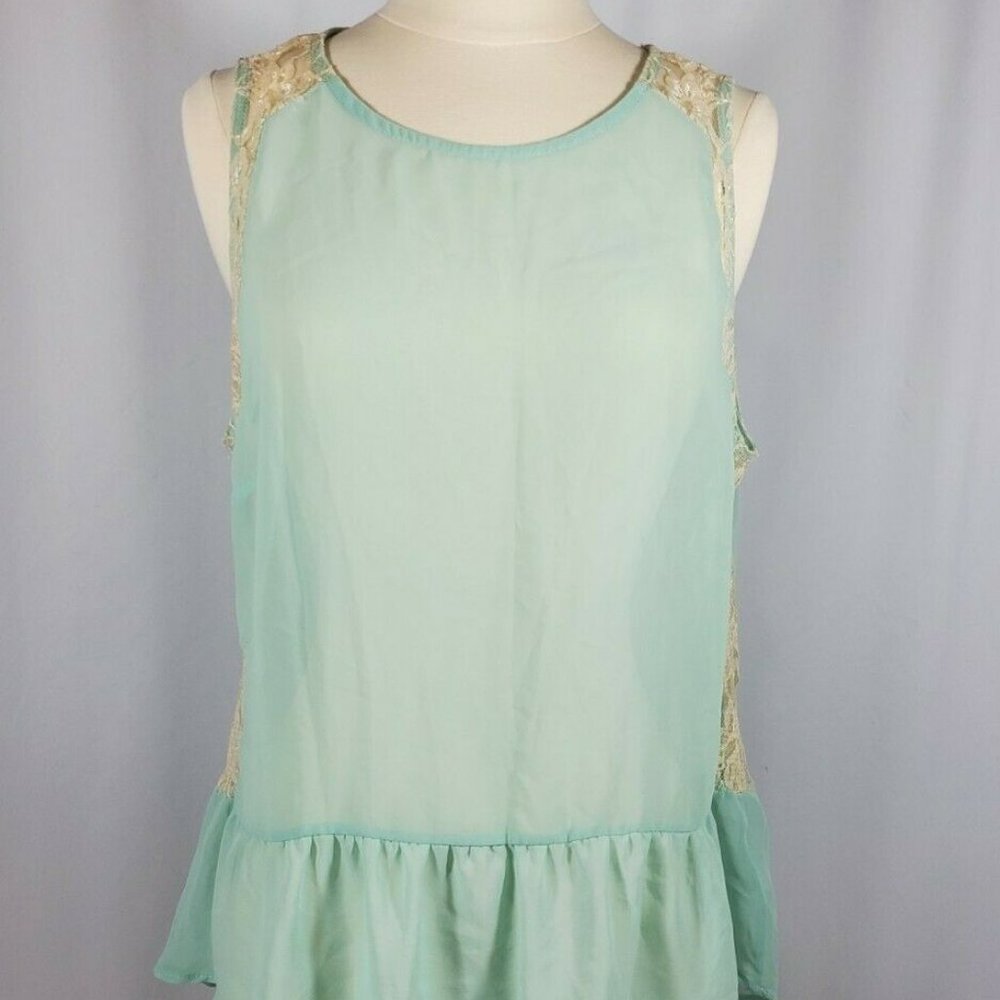 Pins and Needles Women's Top Size L Sleeveless Sheer Turquoise Tank Lace Detail